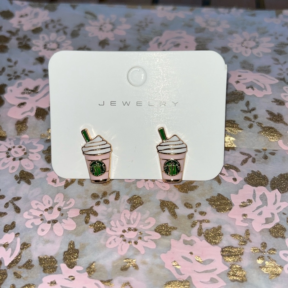 ☕ Pink Iced Coffee Cup Stud Earrings Green Logo Coffee Lover